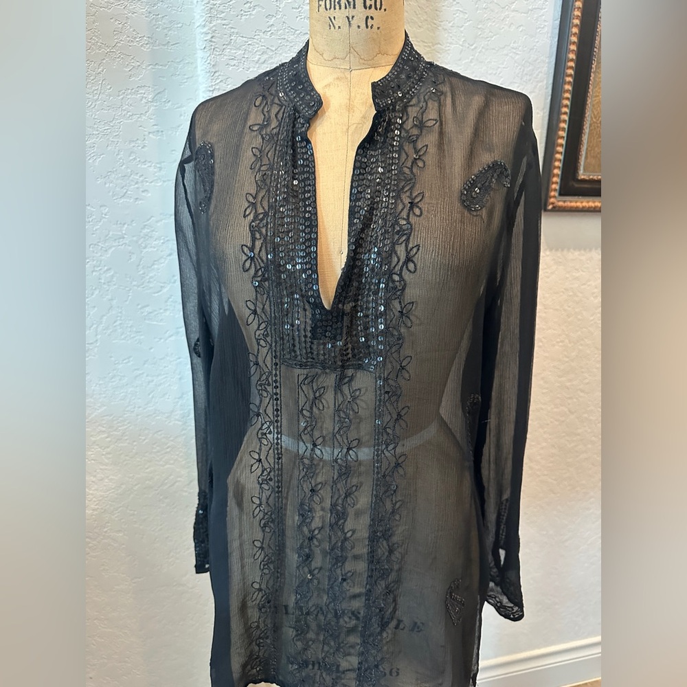 Sheer Black Embroidered Sequined Tunic